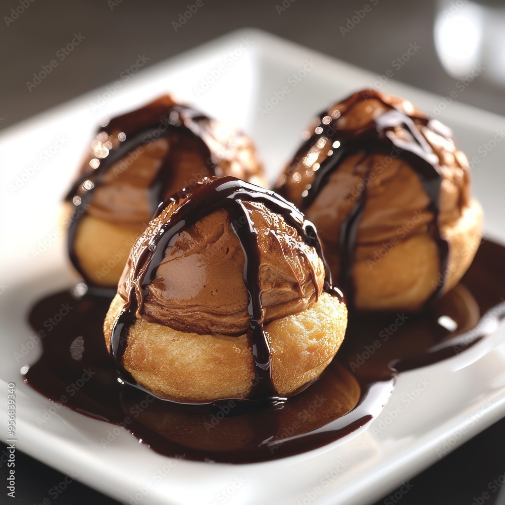 Sticker Three chocolate-filled cream puffs drizzled with chocolate sauce on a white plate.