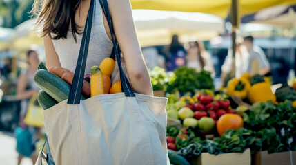 A woman is carrying a bag of vegetables and fruits. She is walking past a market with a variety of produce on display