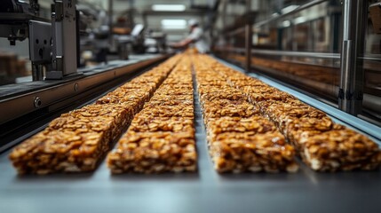 Granola bars being cut and wrapped on an industrial conveyor belt in a busy food manufacturing facility.