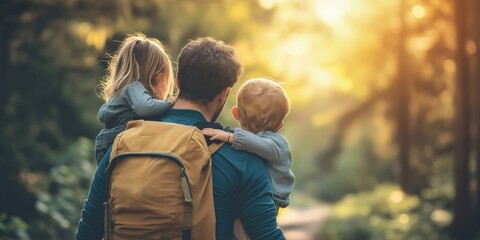 Fototapeta premium A heartwarming scene shows a parent walking with two young children in a sunlit forest, capturing family bonding.