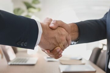 A business professional shaking hands with a software developer, symbolizing a new partnership.