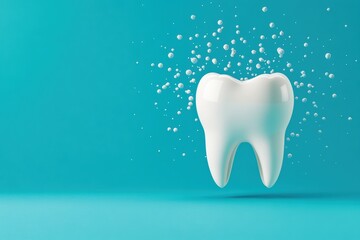 A white tooth with bubbles on a vibrant turquoise background, symbolizing cleanliness and dental health.
