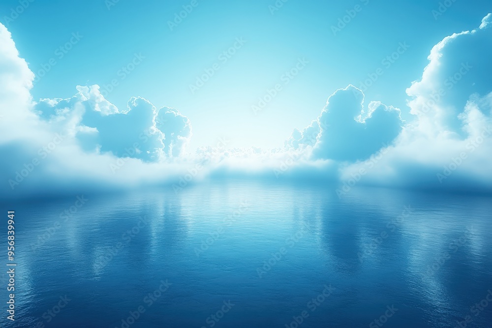 Wall mural azure serenity: tranquil ocean scene bathed in ethereal blue light, reflecting a sky filled with maj