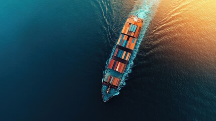 Container ship in the vast ocean, loaded with cargo for international transport. Highlights global logistics and ocean freight shipping services.