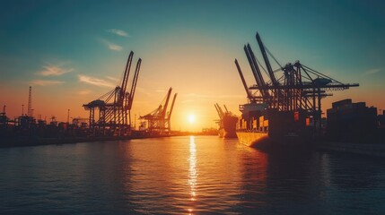 Obraz premium Container ship docked at an industrial port during dusk, with cranes silhouetted against the setting sun. Highlights the busy nature of maritime logistics.
