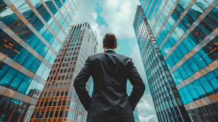 Businessman Standing Between Tall Skyscrapers