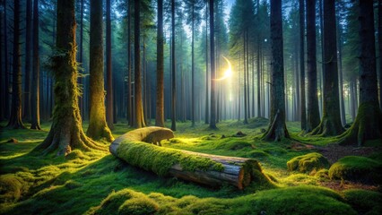 A serene forest glade with a crescent moon shining through towering trees, casting dappled shadows on a tranquil moss-covered log, evoking a sense of peaceful slumber.
