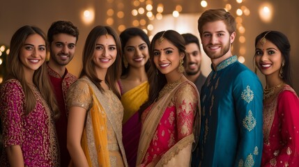 A festive group of friends celebrating Diwali in vibrant traditional Indian attire surrounded by sparkling lights