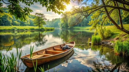 Obraz premium A serene lake scene features a rustic wooden boat with fishing rods and tackle, surrounded by lush greenery, conveying a sense of peaceful learning.
