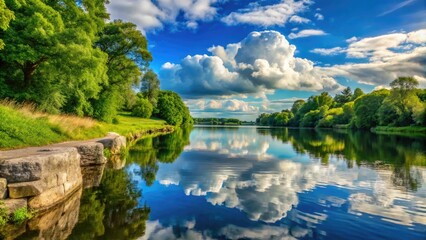 Fototapeta premium A serene riverside scene with a majestic stone bank lined with lush greenery, reflecting the calm waters beneath a cloud-dotted blue sky.