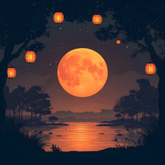 Naklejka premium Flat Glossy Full Moon with Silhouettes for Mid Autumn Festival concept as A glossy background featuring the full moon with silhouettes of trees and lanterns creating a mystical and reflective atmosphe