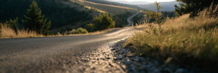A lone, winding road stretching through a countryside landscape at sunset, evoking a sense of journey and freedom.