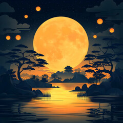 Flat Glossy Full Moon with Silhouettes for Mid Autumn Festival concept as A glossy background featuring the full moon with silhouettes of trees and lanterns creating a mystical and reflective atmosphe
