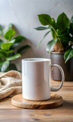 A clean. white mug rests on a wooden coaster. surrounded by natural elements like plants and a cozy knit blanket.