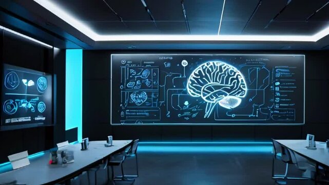 A futuristic office setting with a large screen displaying a glowing brain diagram and a table with chairs.