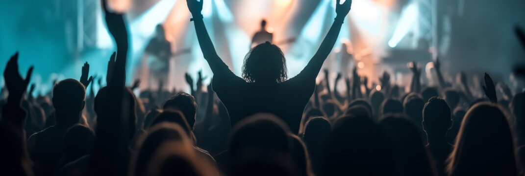 A photographer captures a vibrant concert scene filled with bright lights and an audience silhouette, evoking the energy and excitement of live music performances.
