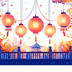 Obraz premium Flat Glossy Rooftop Party with Lanterns for Mid Autumn Festival concept as A glossy rooftop party background with glowing lanterns and festive decorations offering a vibrant and modern setting for the