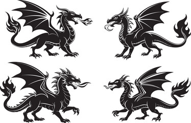  A fire-breathing dragon with majestic wings silhouette vector on white background.