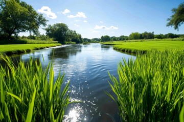 Riverbank scenery, tall grasses, flowing water capture the tranquility of natureâ€™s edge