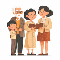 Fototapeta premium Flat Grandparents Telling Stories to Grandchildren at Mid Autumn Festival concept as A candid capture of grandparents telling traditional Mid Autumn Festival stories to their grandchildren with animat
