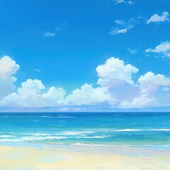 Obraz premium A Digital Painting of a Beach and Ocean Under a Blue Sky with White Clouds