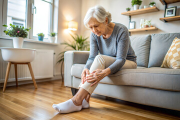 Senior female showing swollen ankles at home.