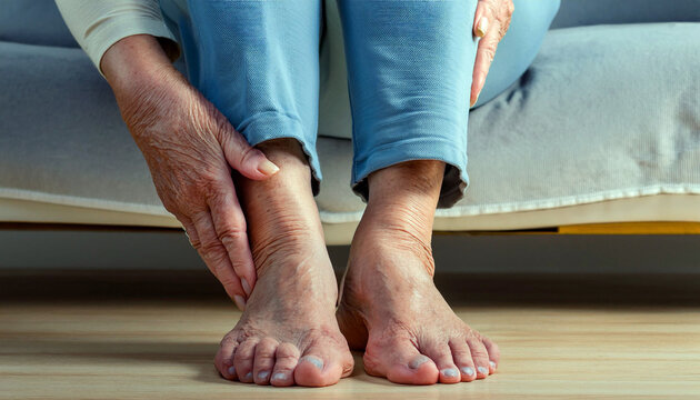 Elderly woman showing swollen ankles at home, close up.