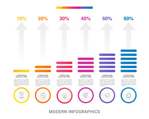 Presentation of modern vector infographic. Business template with 6 steps, arrows with illustration Infographic for bar, chart, app, website, slides. Progress bar with six steps percentage diagrams.