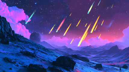 A colorful meteor shower lighting up the sky of an otherwise dark and barren planet.


