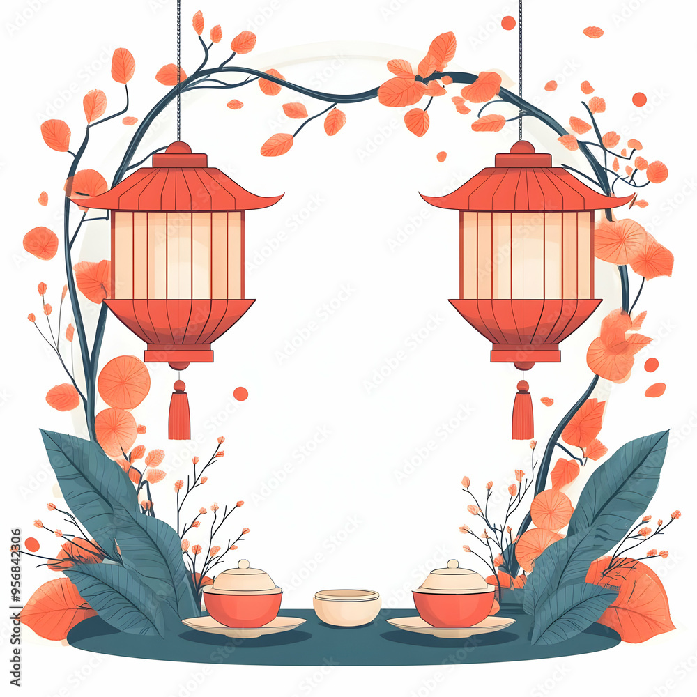 Wall mural flat lantern and teacup border frame with copy space concept as a border frame featuring a lantern a