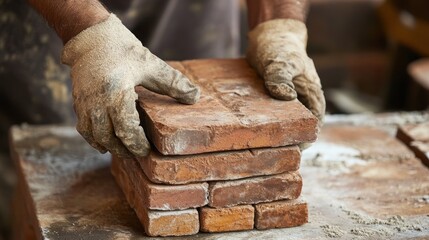 Bricklaying: Hands Carefully Placing Bricks