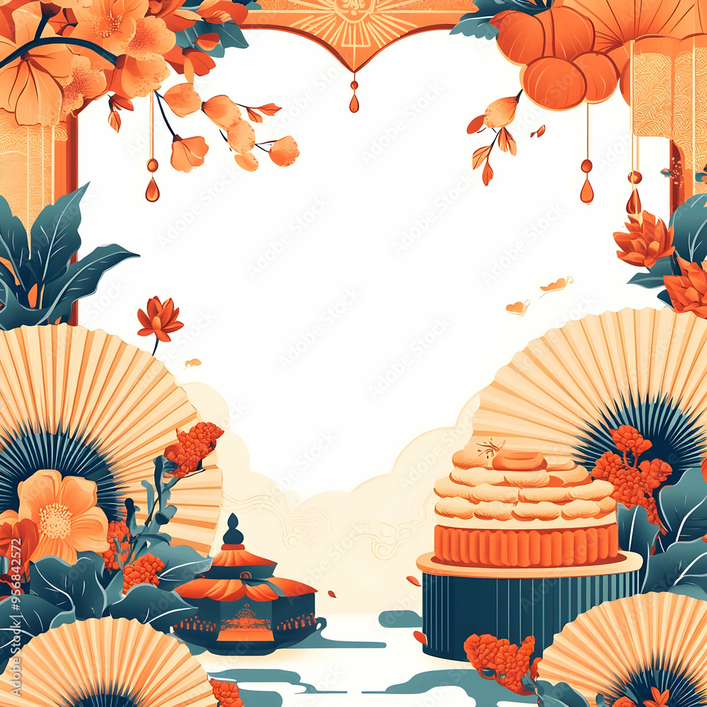 Wall mural Flat Mooncake and Fan Border Frame with Copy Space concept as A border frame featuring a mooncake and traditional fan on either side with generous copy space in the center. Happy Mid Autumn wording is