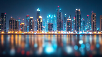 Fototapeta premium The illustration features a blurred nighttime cityscape, capturing the essence of an urban night scene with a dreamy and abstract feel. Bokeh lights softly glow, representing the hustle and bustle of 
