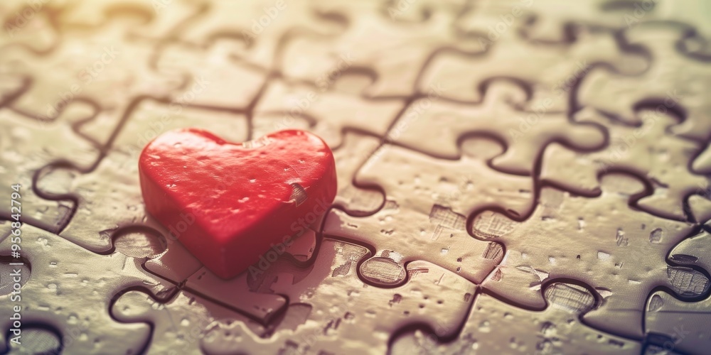 Poster a heart-shaped puzzle piece fitting into a larger puzzle, symbolizing compatibility and emotional co