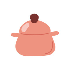 Simple pink cooking pot with a lid and a brown knob in flat style. Minimalistic design for kitchen, cooking and home theme or culinary graphics. Vector illustration isolated on a white background.