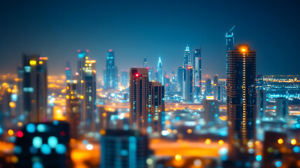 Fototapeta premium The illustration features a blurred nighttime cityscape, capturing the essence of an urban night scene with a dreamy and abstract feel. Bokeh lights softly glow, representing the hustle and bustle of 