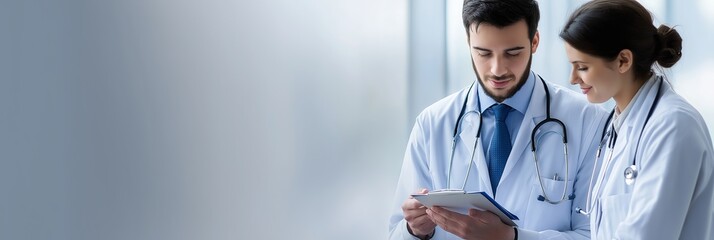 Two doctors stand together consulting a clipboard with medical notes in a bright, clinical environment.