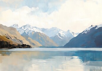 Naklejka premium Snowcapped Mountains and Blue Lake in New Zealand, Minimalist Style, AI generated illustration