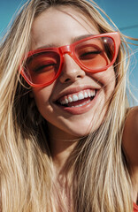 Portrait of a Happy Young Woman with Red Sunglasses