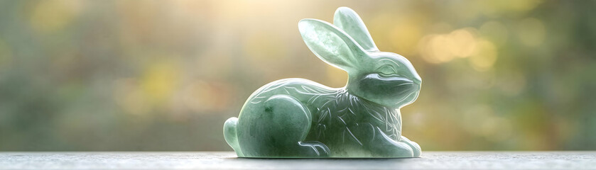 Naklejka premium Floating Jade Rabbit with Mid Autumn Greetings Text concept as A jade rabbit depicted in a floating pose with Mid Autumn Greetings text isolated on a white background. The image suggests a sense of my