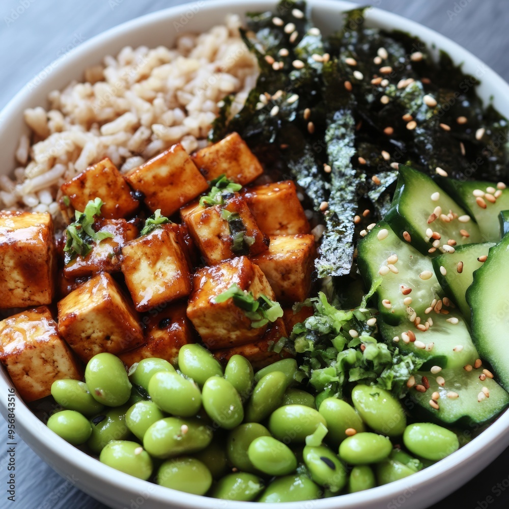 Sticker Tofu, cucumber, edamame, rice, seaweed and sesame seeds in a bowl.