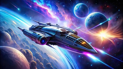 Naklejka premium A sleek, metallic spaceship with glowing blue engines and retractable solar panels hurtles through a swirling vortex of purple and pink galactic gas clouds.