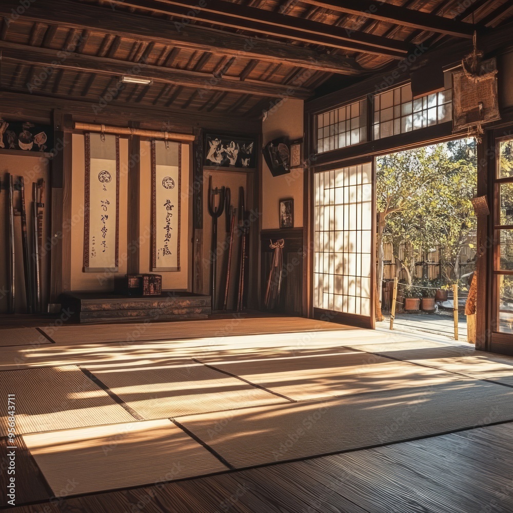 Poster Traditional Japanese room with tatami mats and wooden beams.