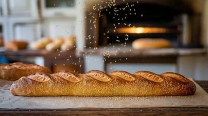 A baguette bread baked on a table with sesame sprinkles