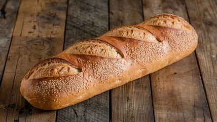 A baguette bread baked on a table with sesame sprinkles