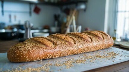 A baguette bread baked on a table with sesame sprinkles