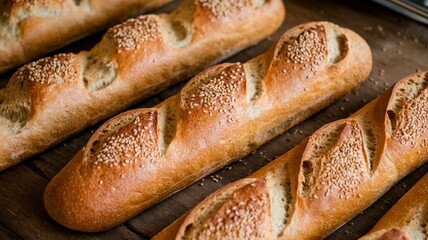 A baguette bread baked on a table with sesame sprinkles