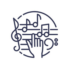 Illustration of a hand interacting with musical notes and symbols, representing the concept of music creation and composition.