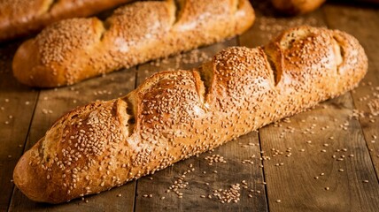 A baguette bread baked on a table with sesame sprinkles