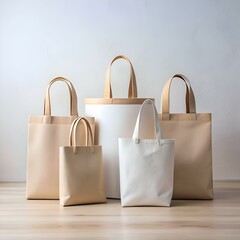A beautiful arrangement of four eco friendly tote bags in brown and white. perfect for showcasing your branding or products.